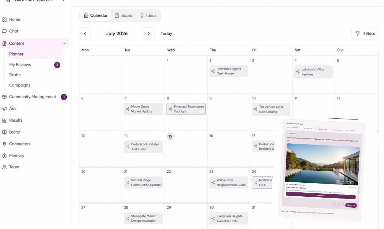 Purple+ scheduler with real estate posts queued for automated publishing
