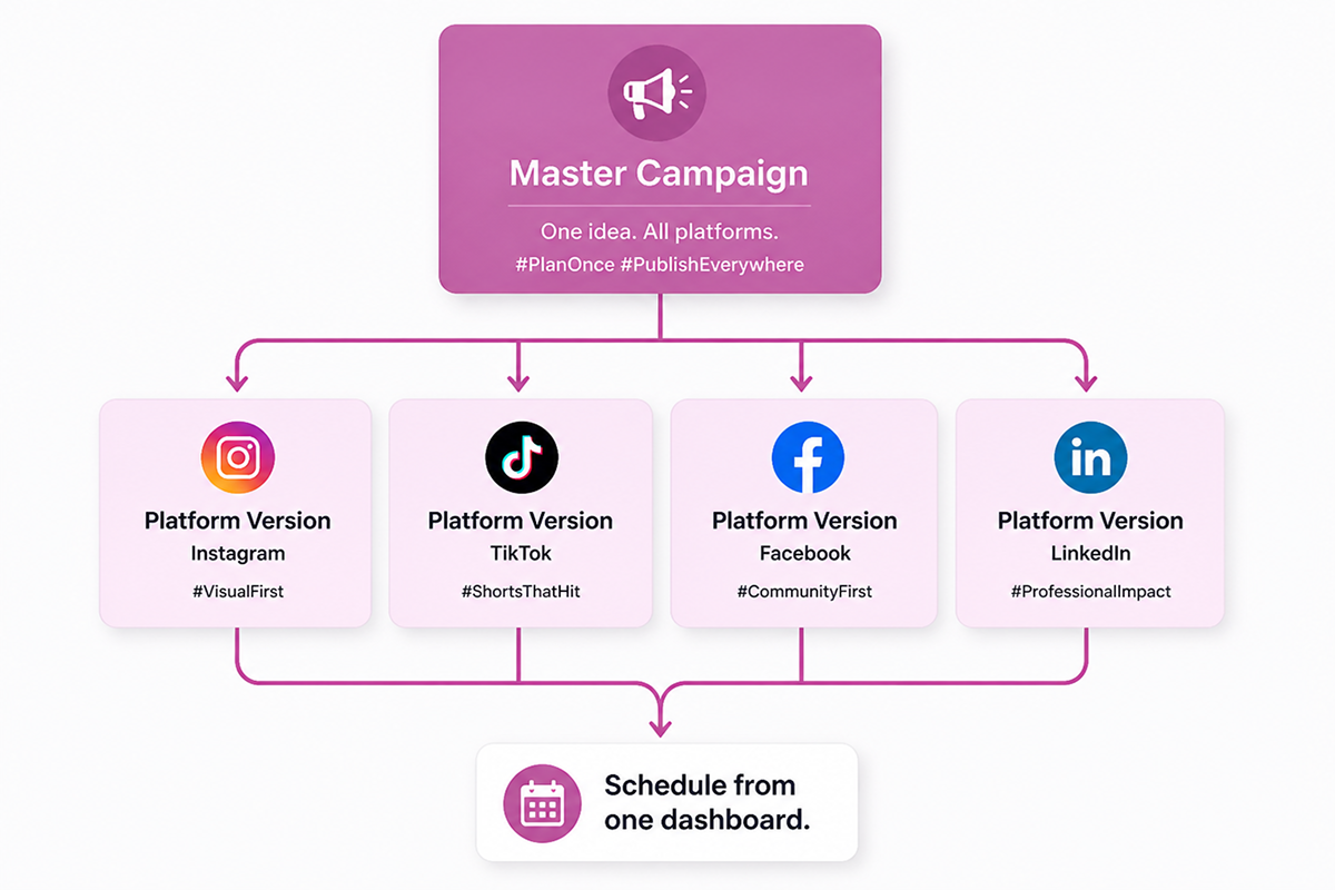 Adapting one master campaign into platform-specific versions before scheduling