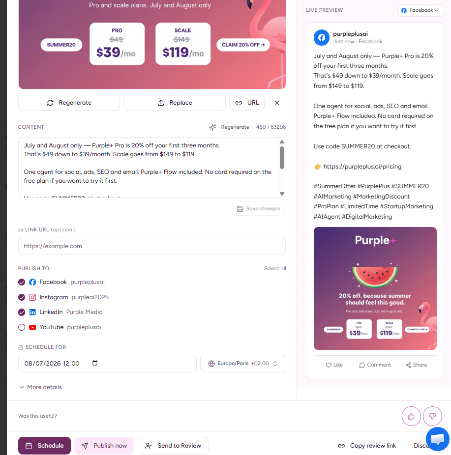 Purple+ composer adapting one campaign across multiple social platforms