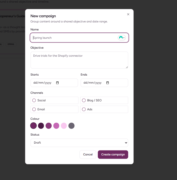 Create a new campaign on Purple+
