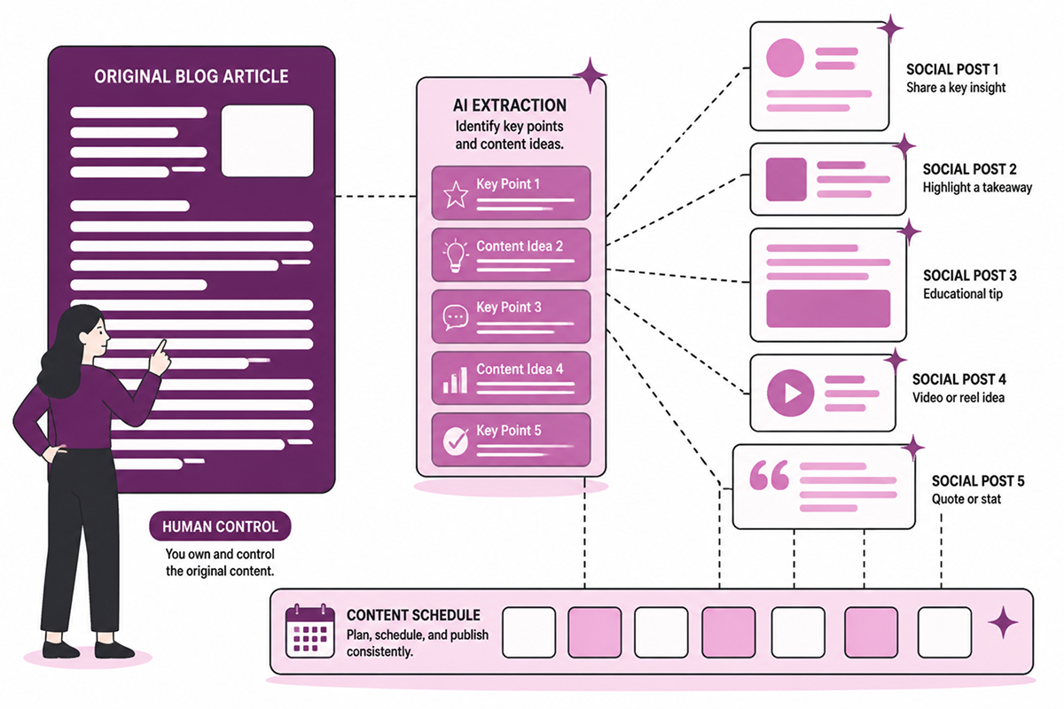 AI turning a blog article into multiple social media posts and platform-specific content
