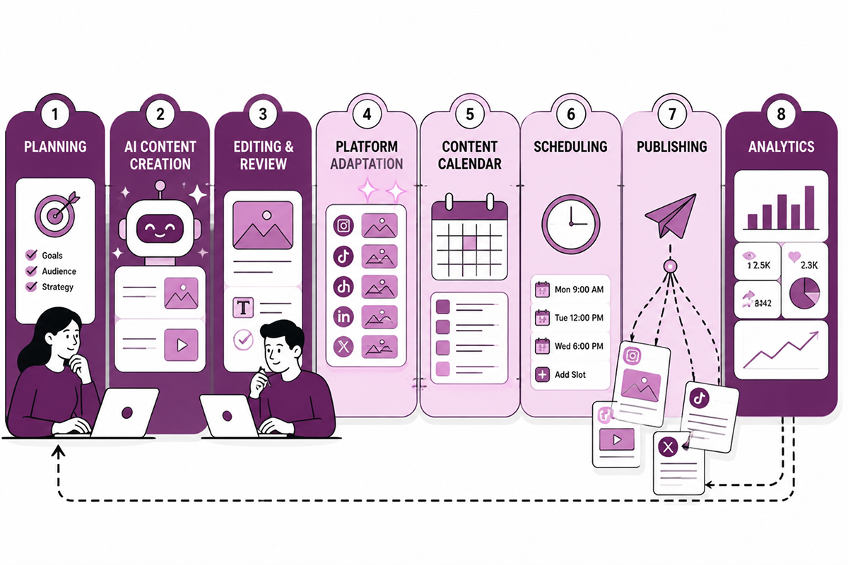 Integrated AI social media workflow from planning and content creation through publishing and analytics