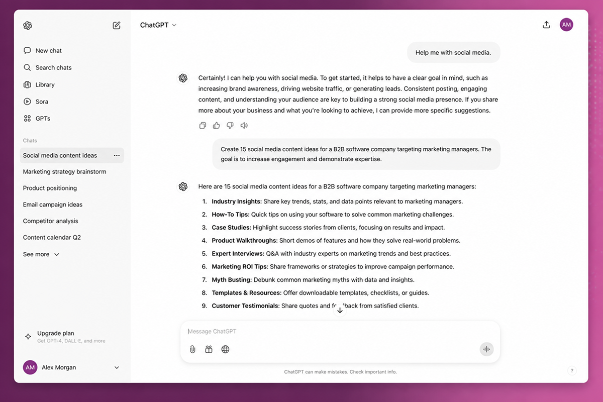 ChatGPT conversation showing how a specific social media prompt produces a more useful response than a vague request