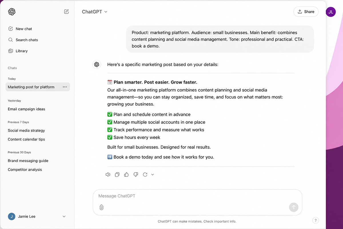 ChatGPT conversation showing how product, audience, benefits, tone and CTA context improve an AI-generated marketing response