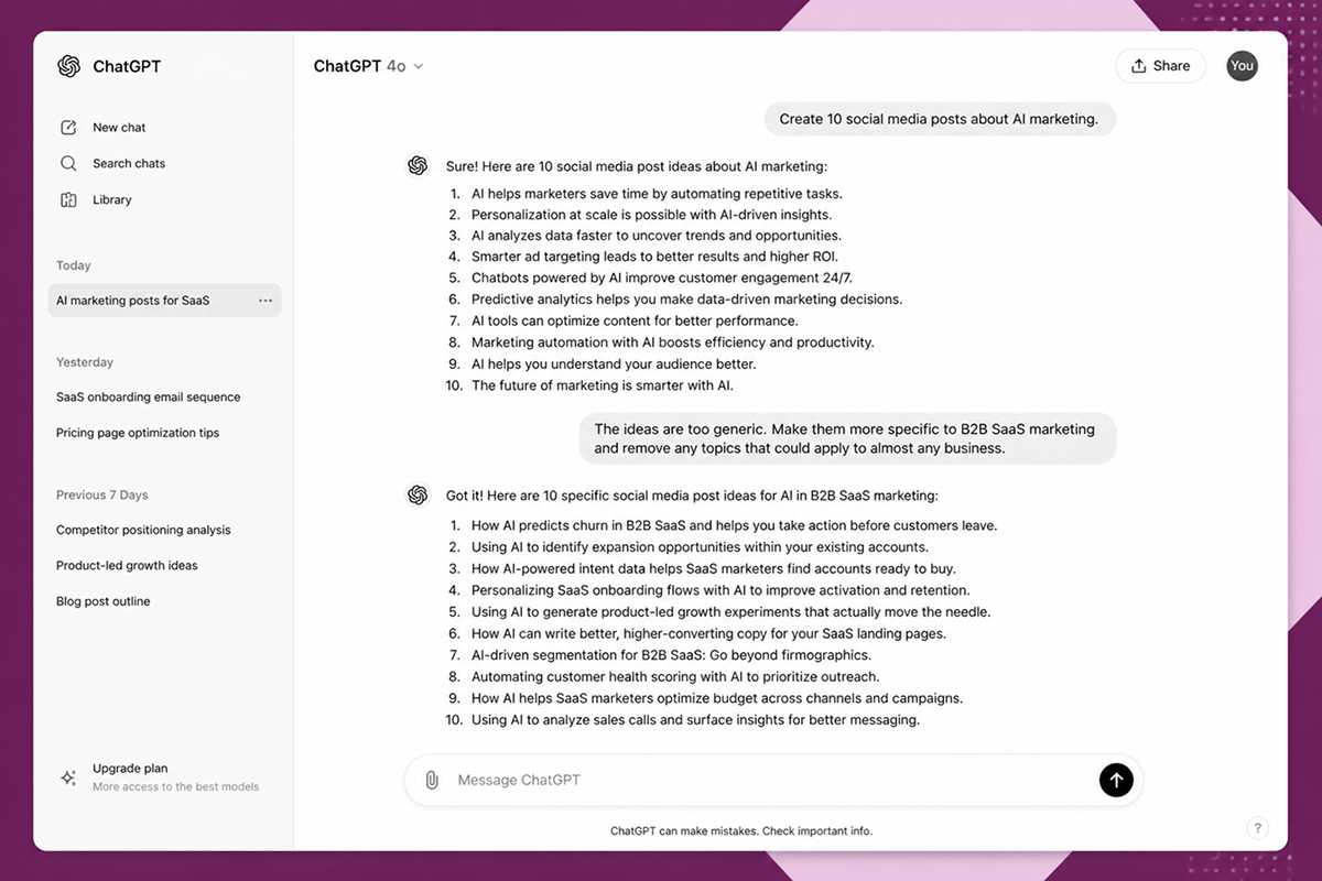 ChatGPT conversation showing an initial generic response being improved through specific user feedback