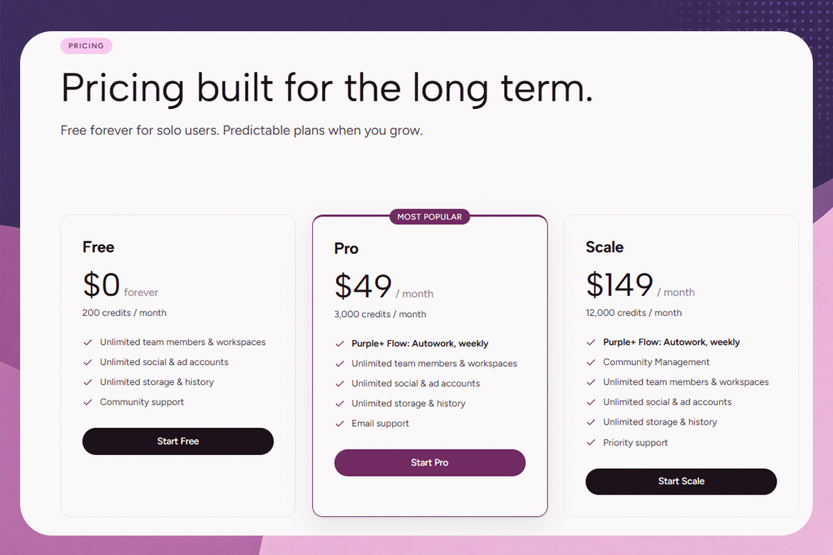 Purple+ Pricing, free forever