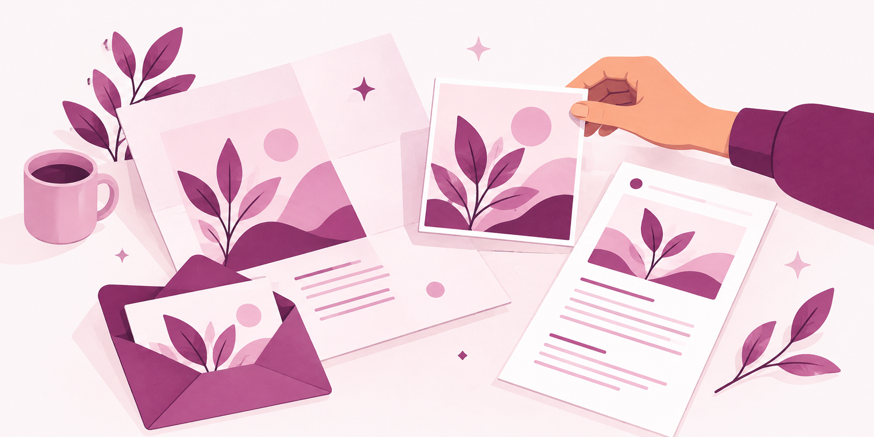 A shared campaign concept adapted into content, social media and email assets.