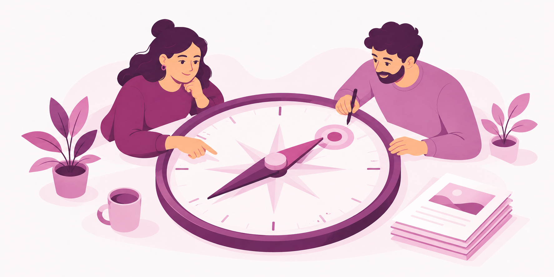 Two marketing specialists using a compass to represent strategic direction.