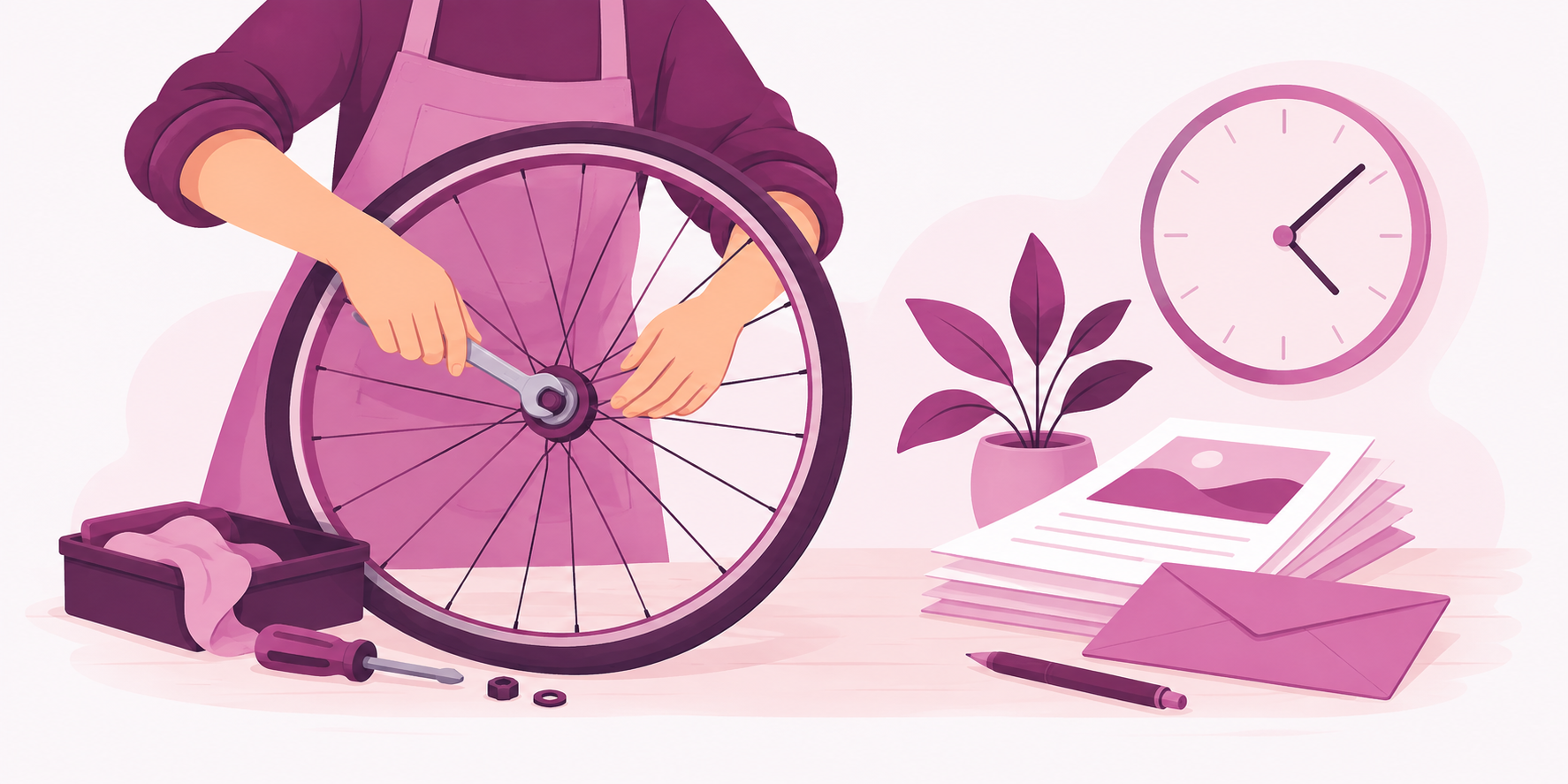 A bicycle shop owner balancing repair work with waiting marketing tasks.