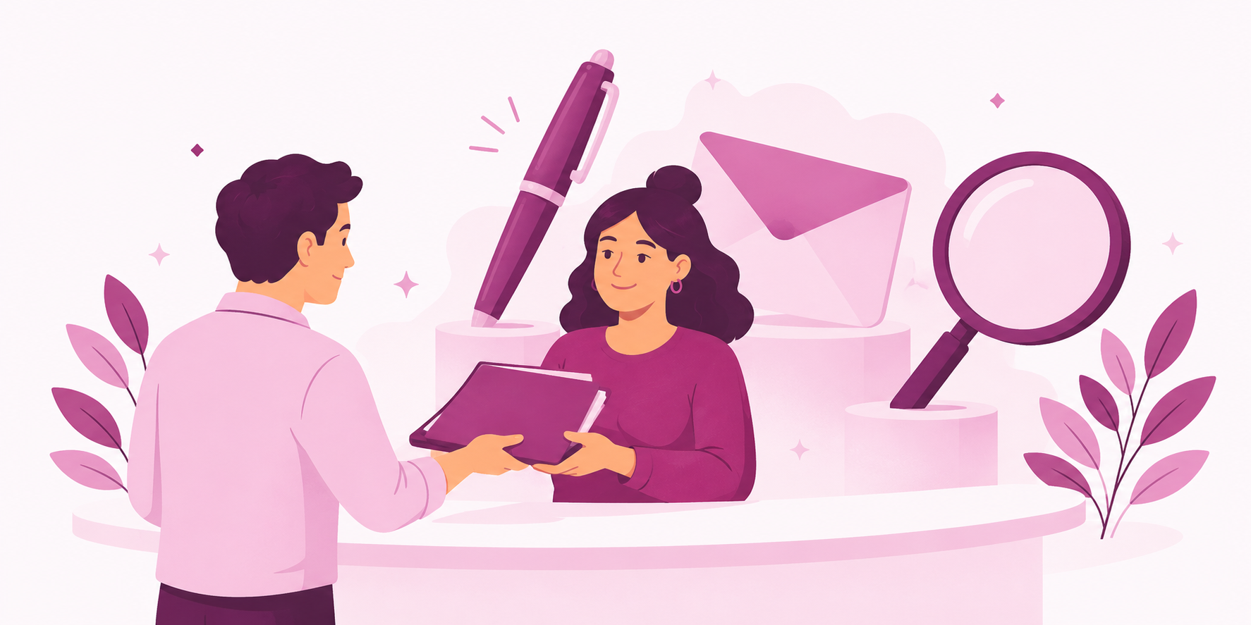 A business owner handing a campaign brief to a coordinator managing several marketing services.