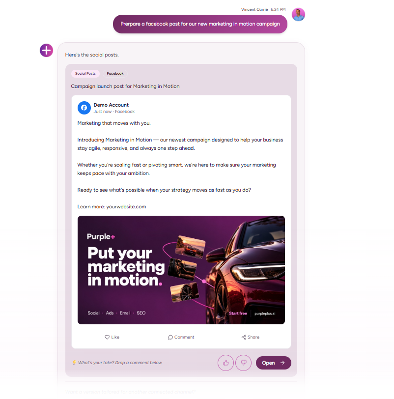 Purple+ social post draft with a winter vehicle check caption and branded visual.
