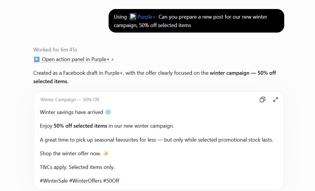 Purple+ MCP preparing posts